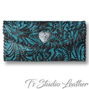Genuine Leather Western Style Tri Fold Women&#39;s Wallet in Turquoise and Black Floral Textured Cowhide with Concho Snap Closure
