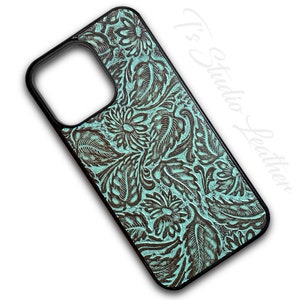Mint Green and Brown Embossed Leather Phone Case by Ts Studio Leather - Western Style Floral Snap-on Style Case for iPhone or Samsung Phones