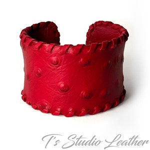 Red Leather Cuff Bracelet in Ostrich Print with Whipstitched Edge - Adjustable Size