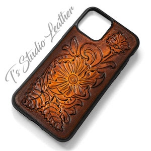 Hand Tooled Saddle Tan Leather Phone Case - Western Style Tool Leather Floral Phone Case for iPhone or Samsung
