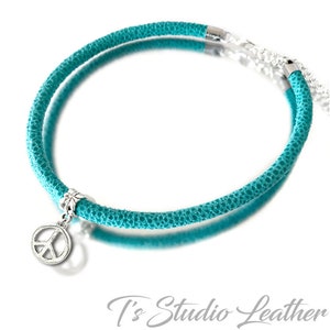 Turquoise Textured Leather Choker Necklace with Silver Peace Charm