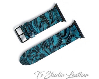 Apple Watch Leather Band - Western Style Turquoise and Black Floral Genuine Leather Watch Strap - Fits All Series Apple Watches