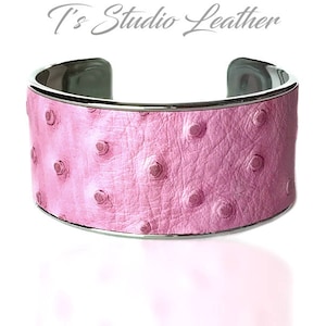Pink Ostrich Leather Cuff Bracelet -  Genuine Cowhide Leather with Ostrich Embossed Print Texture