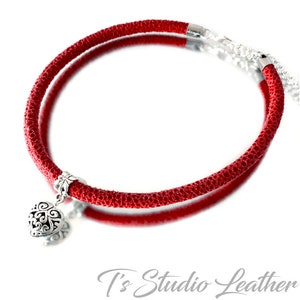 Red Textured Leather Choker Necklace with Filigree Silver Heart Charm