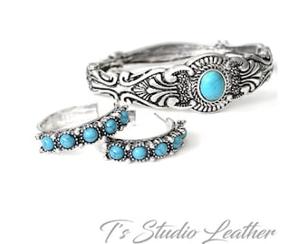 Turquoise and Antique Silver Hoop Earrings and Bracelet Set- Western Style Boho Chic Cowgirl Jewelry