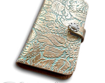 Turquoise and Copper Embossed Leather Phone Case - Western Style Tooled Leather Floral Folio Wallet Style Case