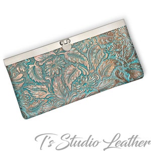 Western Style Women's Wallet - Turquoise and Copper Floral Embossed Texture Cowhide Leather