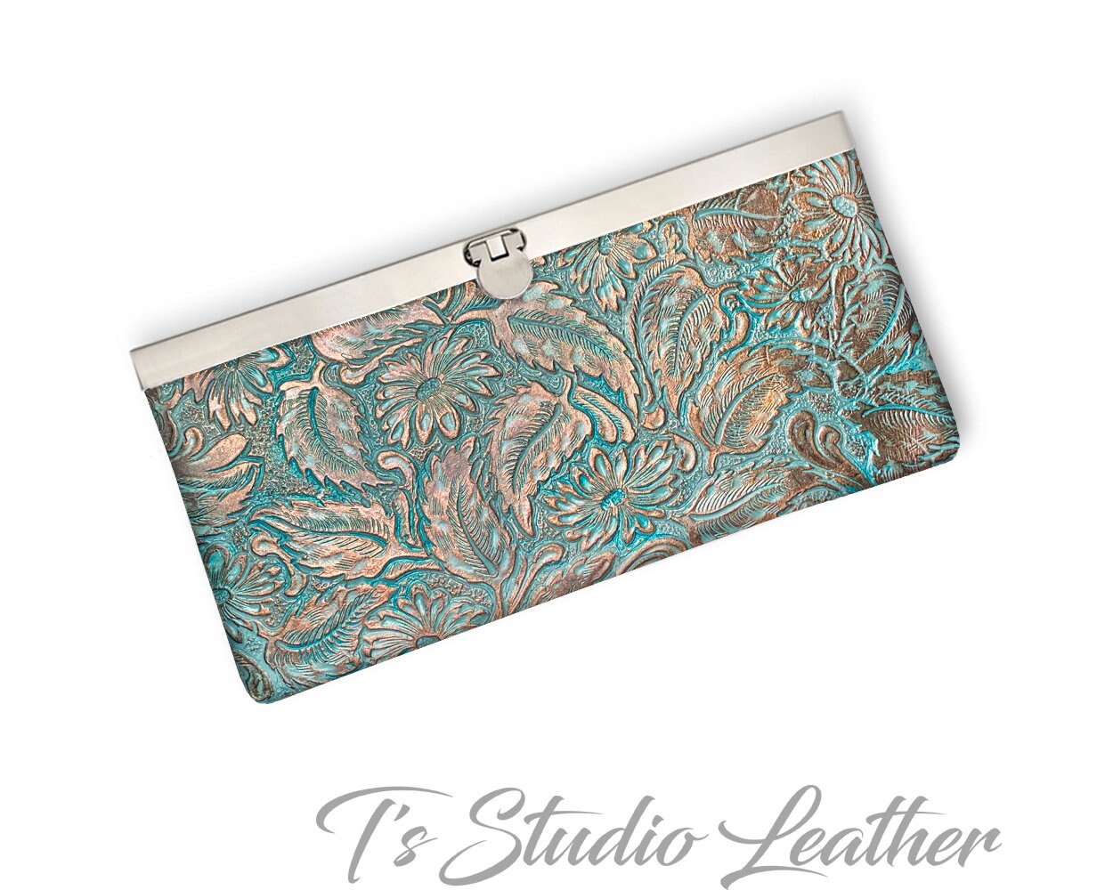 Western Style Women s Wallet Turquoise and Copper Floral Embossed Texture Cowhide Leather Etsy