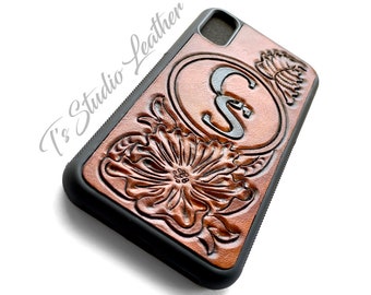 Custom Western Style Hand Tooled Floral Design Leather Phone Case, Personalized with your logo, brand, or initials, for iPhone or Samsung