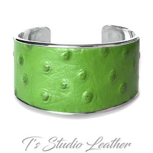 Lime Green Ostrich Leather Cuff Bracelet -  Genuine Cowhide Leather with Ostrich Embossed Print Texture