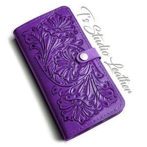 Purple Leather Western Style Hand Tooled Wallet Style Phone Case by Ts Studio Leather -  Floral Tool Case for iPhone or Samsung Phones