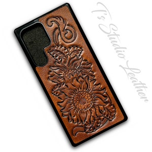 Hand Tooled Leather Sunflower Phone Case in Brown - Western Style Tool Leather Floral Phone Case for Samsung or iPhone
