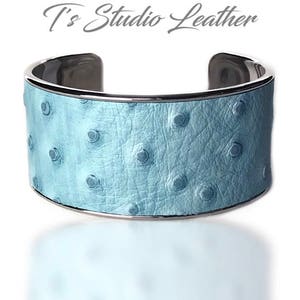 Light Blue Ostrich Leather Cuff Bracelet -  Genuine Cowhide Leather with Ostrich Embossed Print Texture