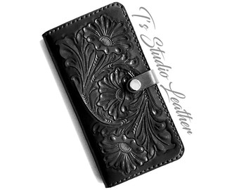 Black Leather Western Style Hand Tooled Wallet Style Phone Case by Ts Studio Leather -  Floral Tool Case for iPhone or Samsung Phones