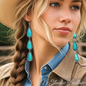 Long Western Style Turquoise Stone Chandelier Earrings in Antique Silver Settings, with teardrop shaped stones