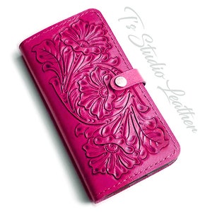 Pink Leather Western Style Hand Tooled Wallet Style Phone Case by Ts Studio Leather -  Floral Tool Case for iPhone or Samsung Phones