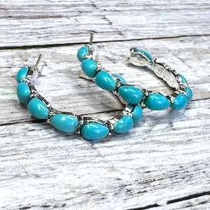 Western Style Cowgirl Turquoise and Antique Silver Hoop Earrings