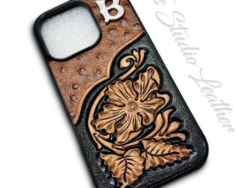 Western Style Hand Tooled with Ostrich Print Leather Phone Case, for iPhone or Samsung, personalized with custom initial, great gift idea!