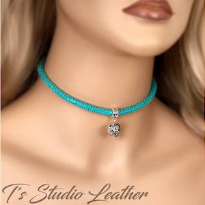 Turquoise Textured Leather Choker Necklace with Filigree Silver Heart Charm