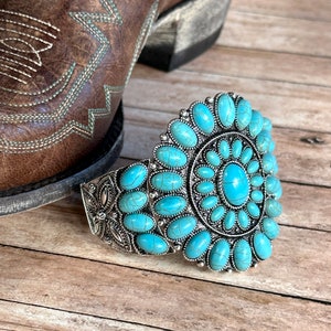 Large Silver and Turquoise Concho Cuff Bracelet - Western Style Boho Chic Jewelry