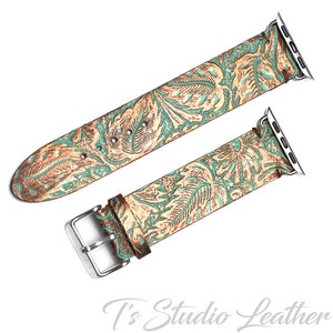 Apple Watch Leather Band - Western Style Turquoise and Copper Floral Genuine Leather Watch Strap - Fits All Series Apple Watches