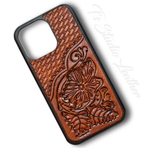 Western Style Hand Tooled Basketweave and Floral Design Leather Phone Case in Brown, for iPhone or Samsung