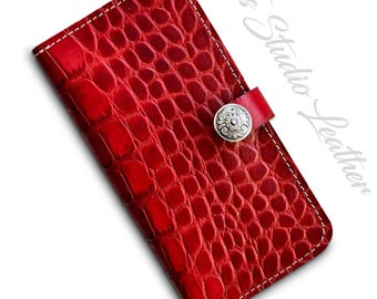 Red Croc Alligator Texture Embossed Leather Wallet Style Phone Case by Ts Studio Leather
