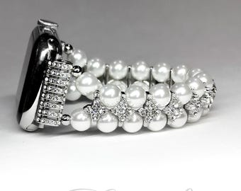 Pearl and Cubic Zirconia Crystal Rhinestone Apple Watch Band Bracelet - Pearl Jewelry Watch Strap