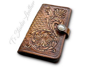 Western Style Hand Tooled Leather Wallet Style Phone Case by Ts Studio Leather -  Basketweave and Floral Tool Genuine Leather Phone Case