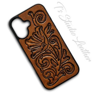 Western Style Hand Tooled Floral Design Leather Phone Case in Walnut Brown Color, for iPhone or Samsung