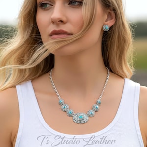 Turquoise and Silver Concho Style Necklace and Earrings Set - Rustic Western Boho Country Wedding Jewelry
