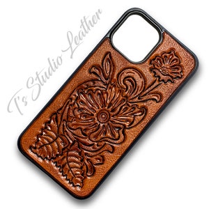 Western Style Hand Tooled Floral Design Leather Phone Case in Brown, for iPhone or Samsung