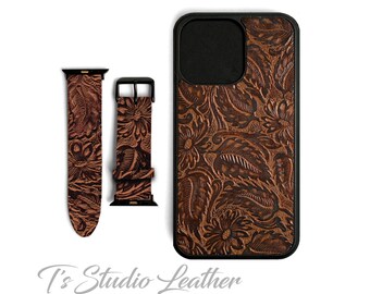 Western Style Brown and Black Floral Embossed Leather Phone Case with matching Apple Watch band - Genuine Cowhide Leather Watch Strap