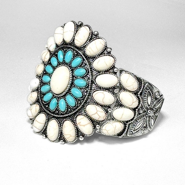 Large Silver, Turquoise and White Stone Concho Cuff Bracelet - Western Style Boho Chic Jewelry