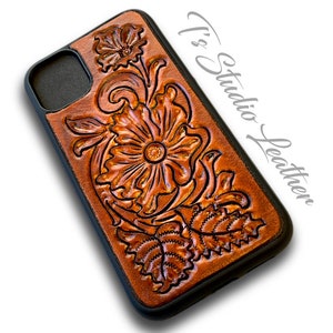 Hand Tooled Saddle Tan Leather Phone Case - Western Style Tool Leather Floral Phone Case for iPhone or Samsung