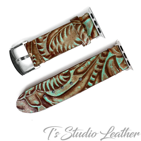 Apple Watch Leather Band - Western Style Turquoise and Brown Floral Genuine Leather Watch Strap - Fits All Series Apple Watches
