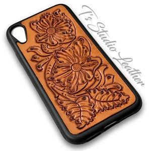 Hand Tooled Leather Phone Case - Western Style Tool Leather Floral Phone Case in Saddle Tan, for iPhone or Samsung