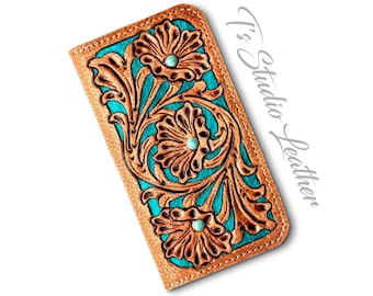 Turquoise Western Style Hand Tooled Leather Wallet Style Phone Case - Ts Studio Leather - Saddle Tan Floral Case for iPhone or Samsung Phone