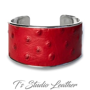 Red Ostrich Leather Cuff Bracelet -  Genuine Cowhide Leather with Ostrich Embossed Print Texture