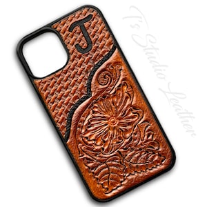 Perfect gift idea! Western Style Hand Tooled Basketweave and Floral Design Leather Phone Case in Saddle Tan, for iPhone or Samsung