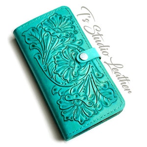 Turquoise Leather Western Style Hand Tooled Wallet Style Phone Case by Ts Studio Leather -  Floral Tool Case for iPhone or Samsung Phones