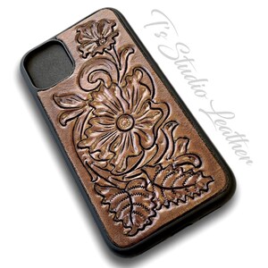 Western Style Hand Tooled Floral Design Leather Phone Case in Walnut Brown, for iPhone or Samsung