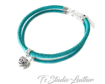 Turquoise Textured Leather Choker Necklace with Filigree Silver Heart Charm