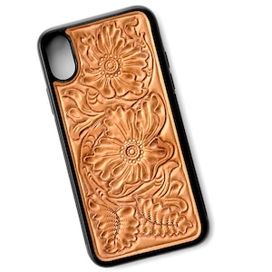 Hand Tooled Natural Tan Leather Phone Case - Western Style Tool Leather Floral Phone Case for Samsung or iPhone