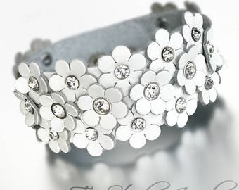 White Leather Flower Cuff Wristband Bracelet with Rhinestone Crystal Rivet Accents - Available in several colors