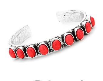 Silver and Red Stone Cuff Bracelet - Western Style Boho Chic Jewelry