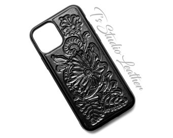 Hand Tooled Black Leather Phone Case - Western Style Tool Leather Floral Phone Case for iPhone or Samsung