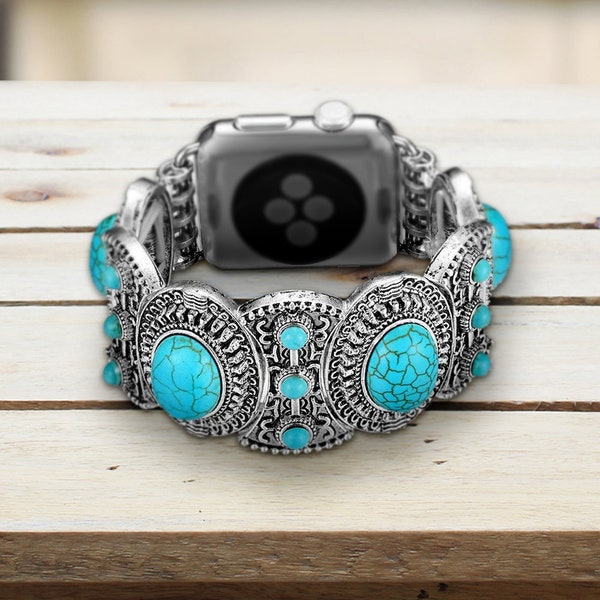 Antique Silver and Turquoise Apple Watch Band Bracelet - Western Style Boho Chic Jewelry
