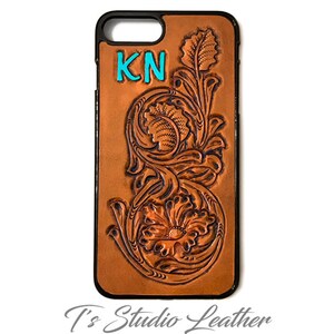 Personalized with Initials, Hand Tooled Leather Phone Case - Western Style Tool Leather Brown & Turquoise Floral Case for iPhone or Samsung