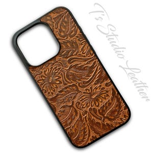 Chocolate Brown Floral Embossed Leather Phone Case - Genuine Cowhide Textured Leather, for iPhone or Samsung